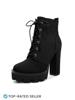 Faux Leather Platform Ankle Boots Block Heel Lace Up Side Zipper Chunky Bootie